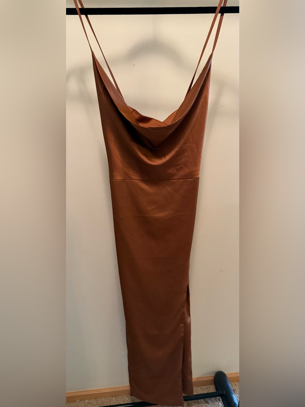Cowl Neck Silky Slip Maxi Dress in Rust Brown